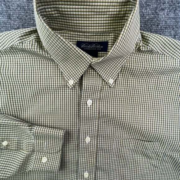 Brooks Brothers Button Up Shirt Yellow Green Check Large Cotton Non Iron L/S Men - Picture 1 of 12